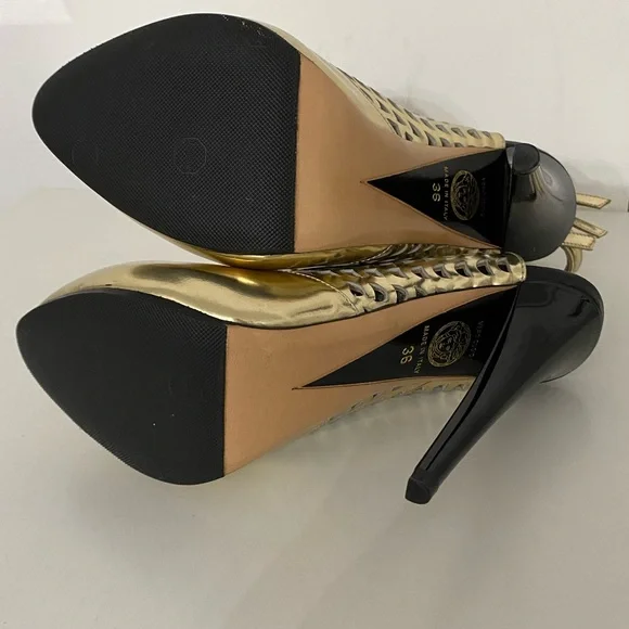 VERSACE | Gold Black Lace Up Gladiator Patent Leather Shoes Perforated Heels 36 - Picture 13 of 16